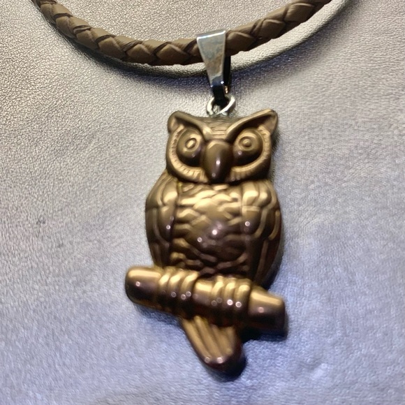 Carved Gold Hematite Owl Pendant Stone w/leather cord (adjustable) - Picture 5 of 6